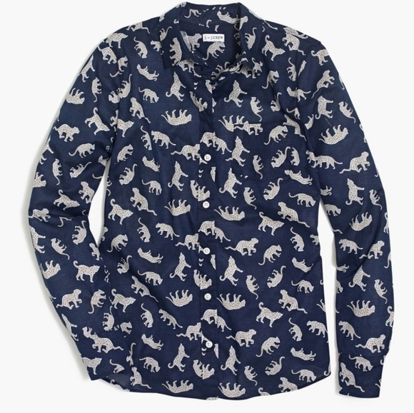 J by J. Crew Navy Cheetah Button Down Blouse M - Picture 1 of 6